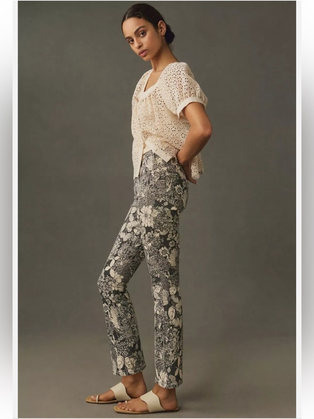 MOTHER Black & White Floral Straight Leg Jeans